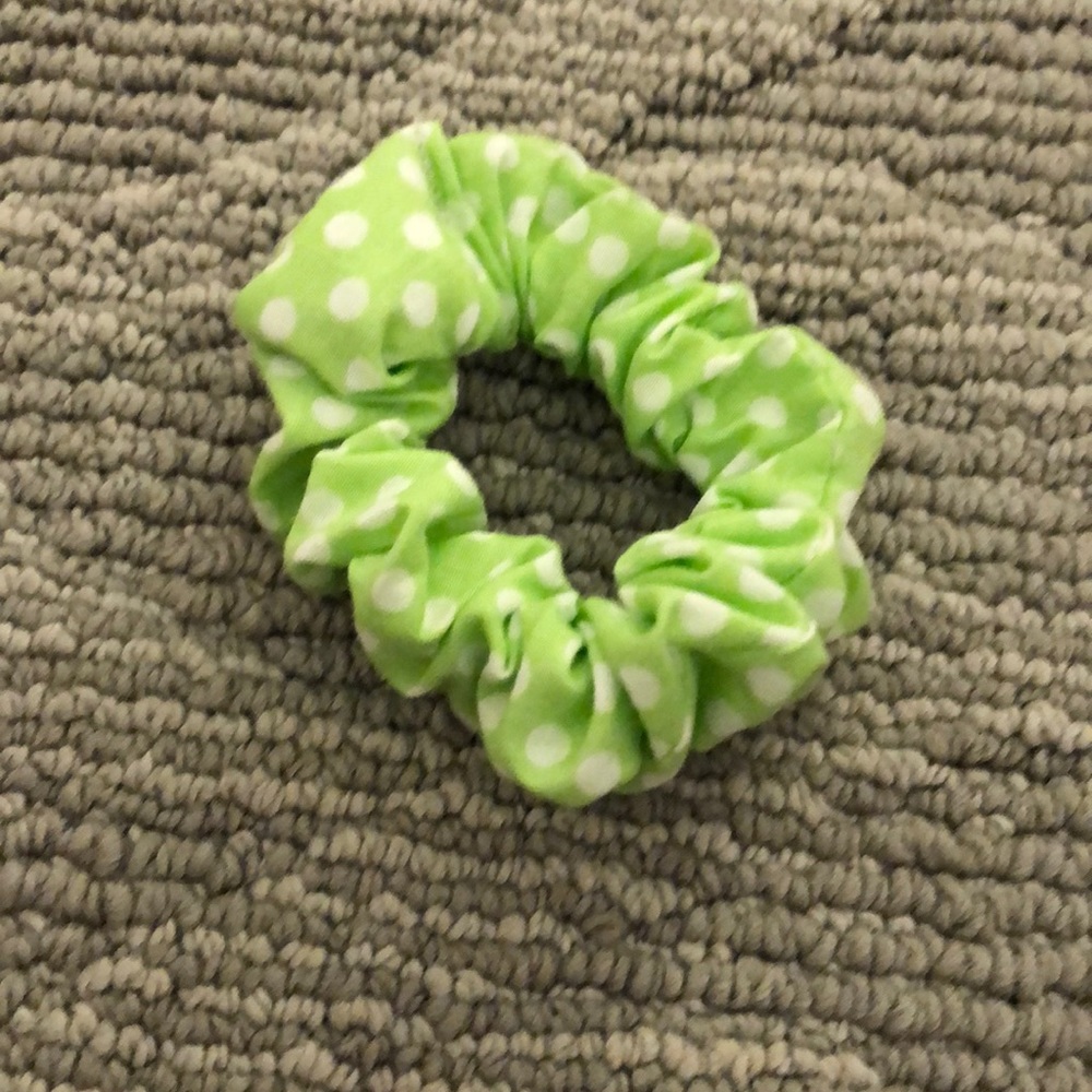 Handmade green polka dot scrunchie